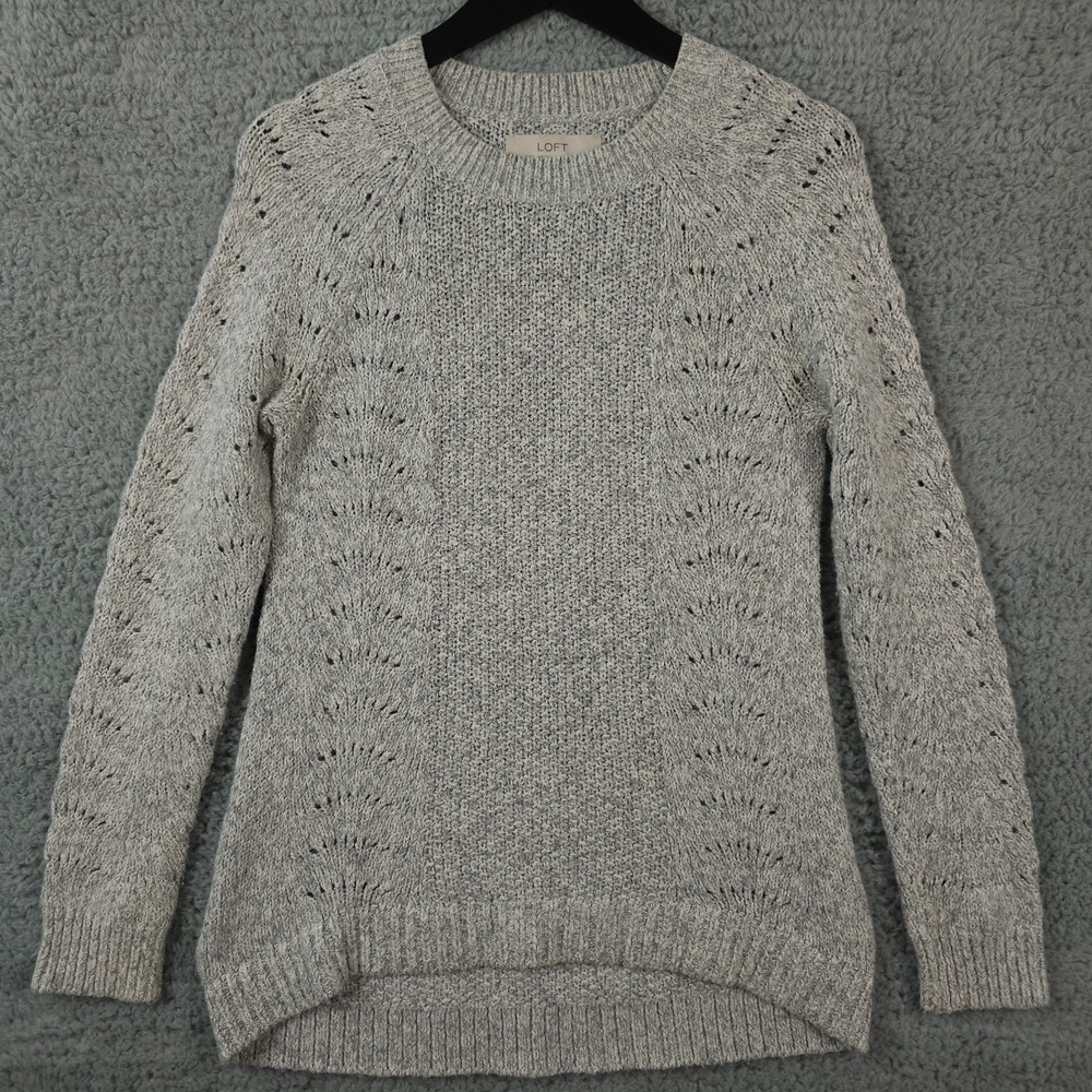 Ann Taylor LOFT Sweater Womens XS Gray White Soft Knit Hi Low Crew Neck Pullover